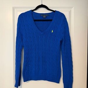 Ralph Lauren Women's Blue Cable Knit V-Neck Cotton Sweater Size Medium